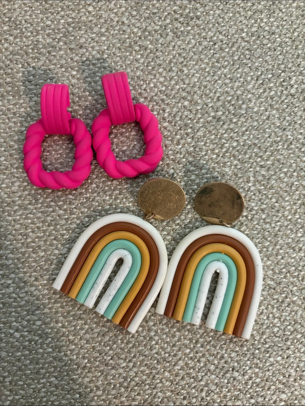 Bright Pink Twist Hoop Earrings & Pastel Rainbow Dangle Set